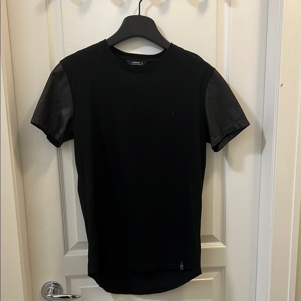 Rudsak Black T-Shirt with Leather Sleeves